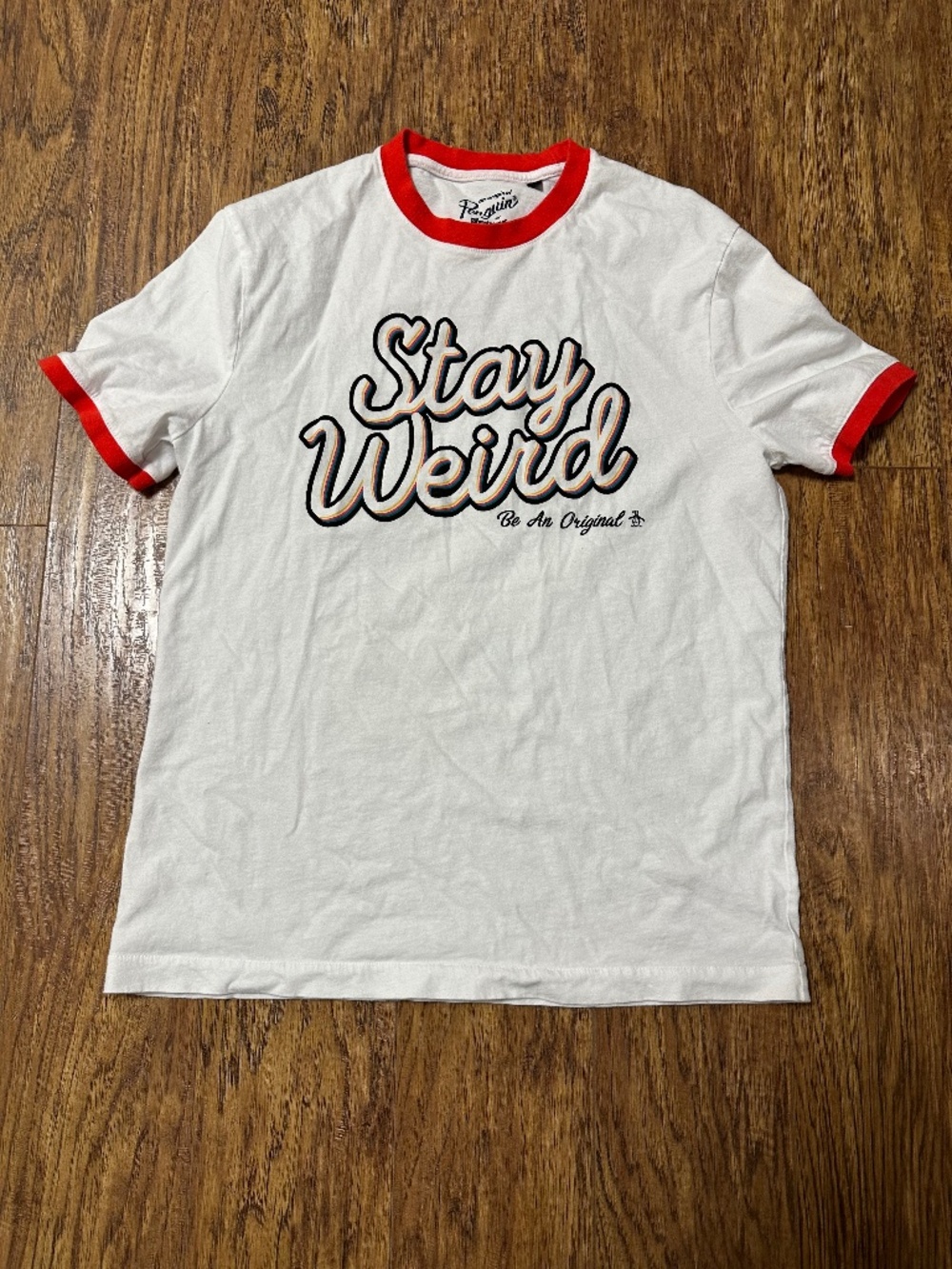 An Original Penguin "Stay Weird" Men's White & Red T-Shirt Size Medium